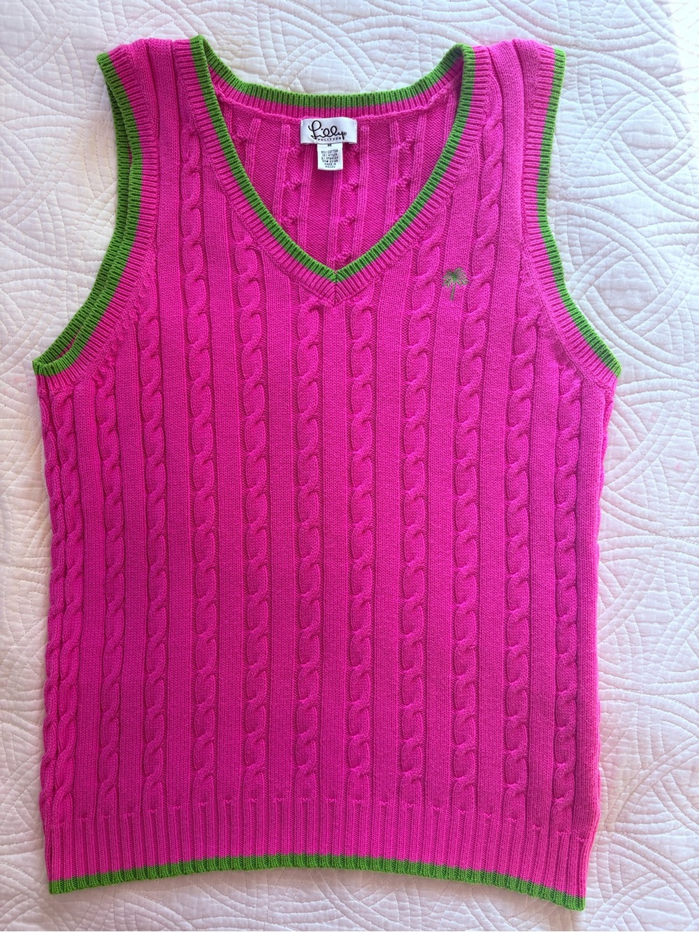 Lilly Pulitzer Vintage Pink Cable Knit V-Neck Sweater Vest with Green Trim Med
